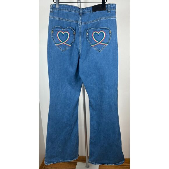 Lazy Oaf Rainbow Love Jeans Mid Rise Flare Jeans Denim Size 31 L - Picture 1 of 9